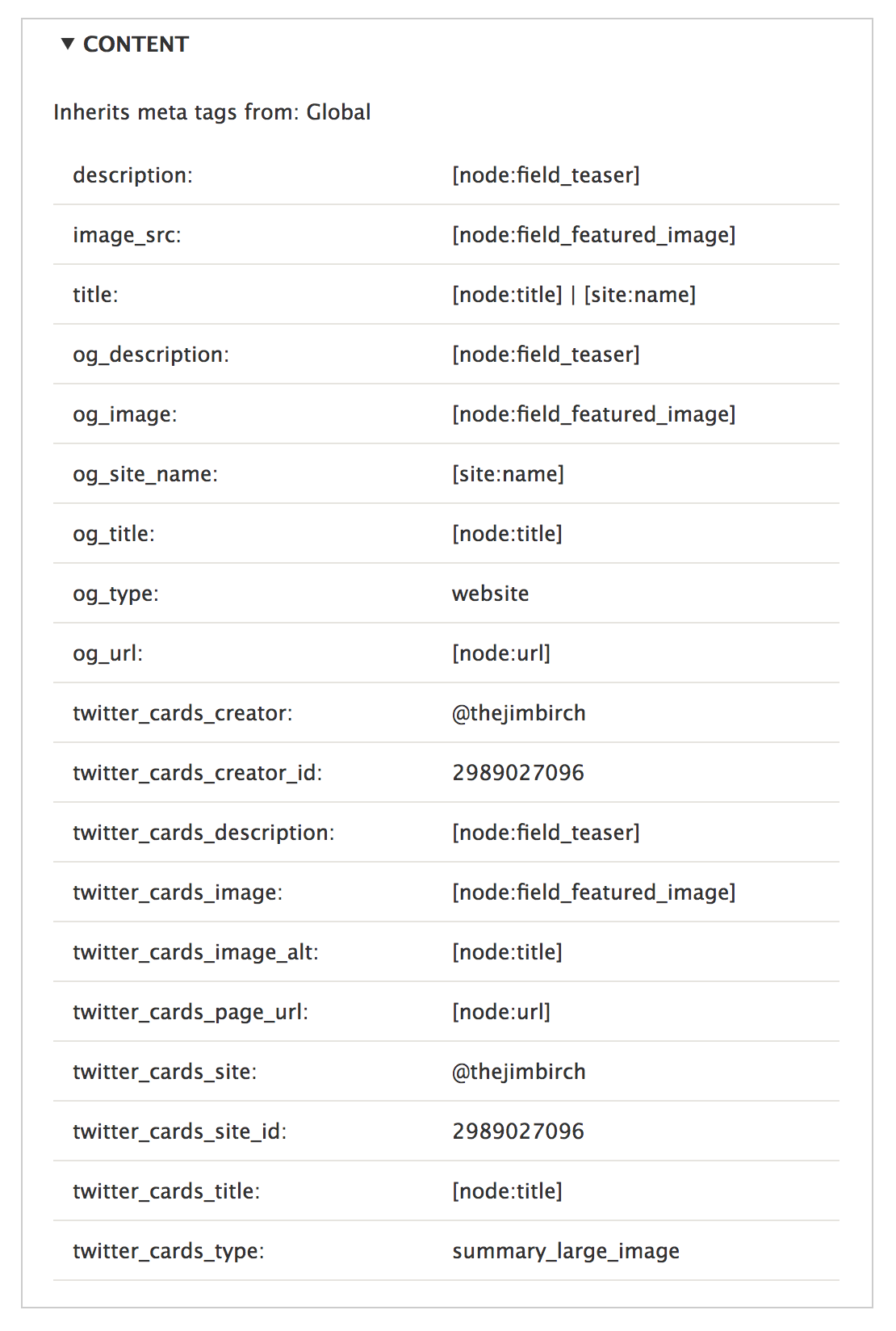 Drupal metatag content field settings