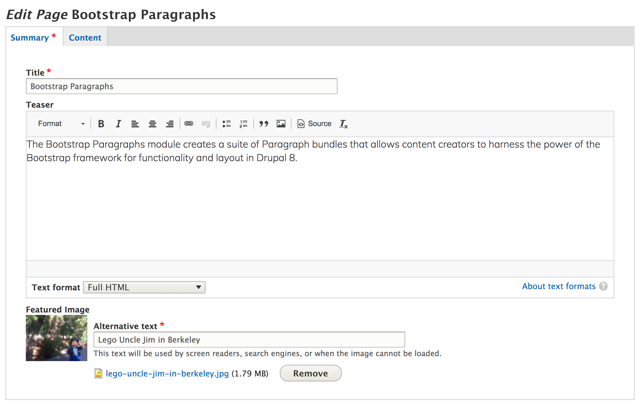 Teaser and image field on a Drupal edit form