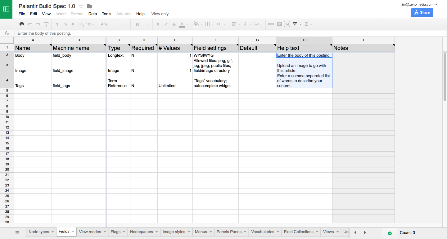 Palantir.net Build Spec Spreadsheet