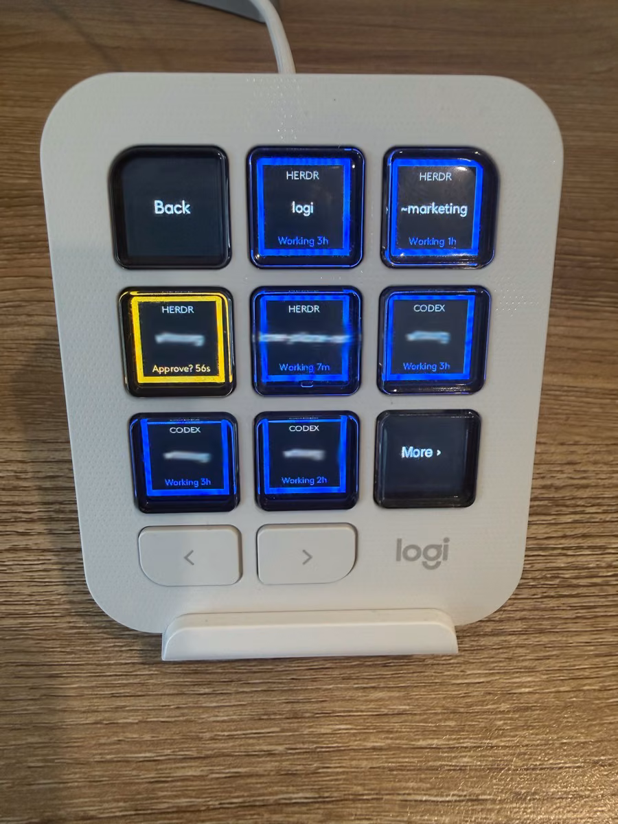 Coding sessions: seven agents with blue working rings, one ringed in yellow waiting for approval, and a More key