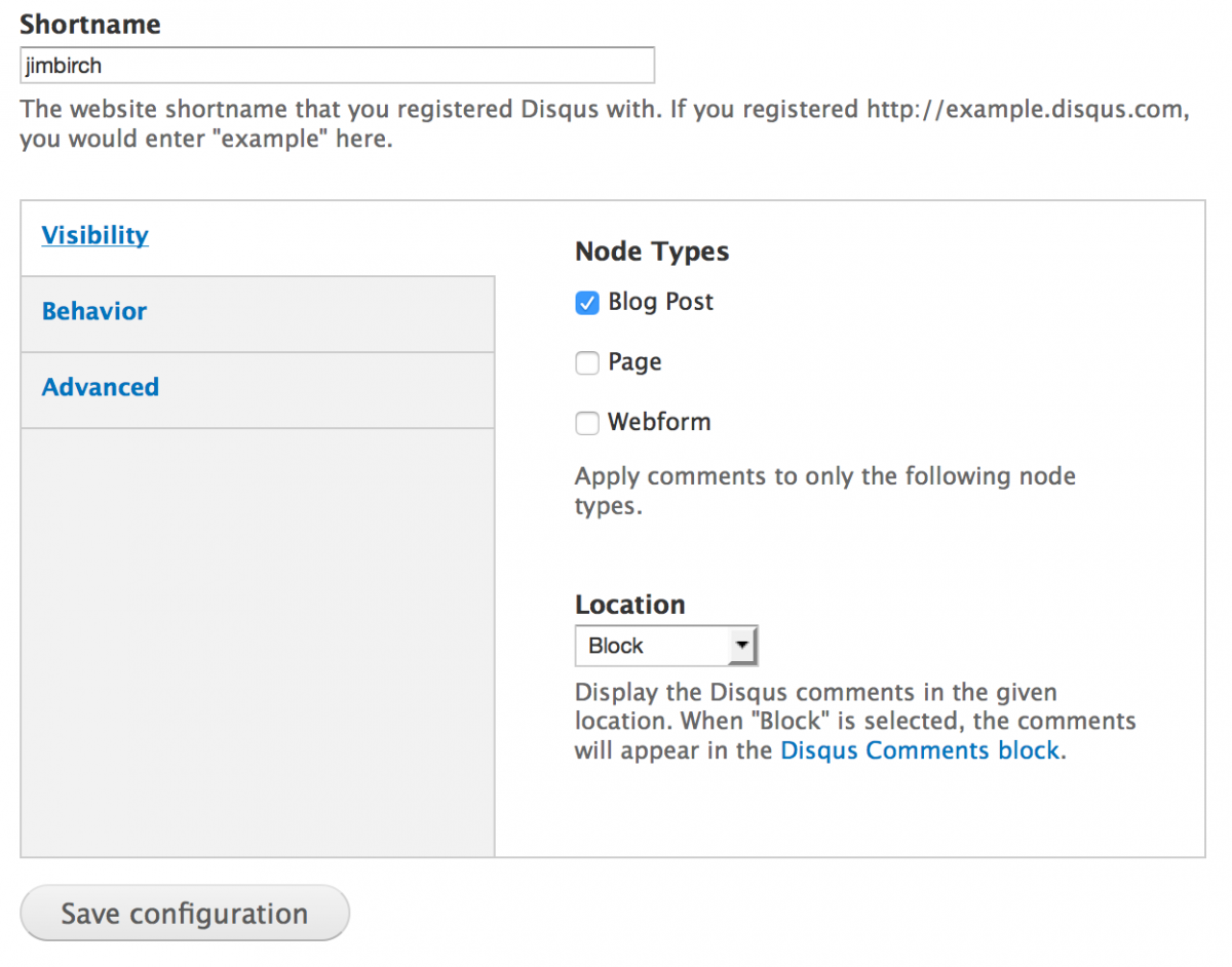 Disqus Drupal Configuration Screenshot