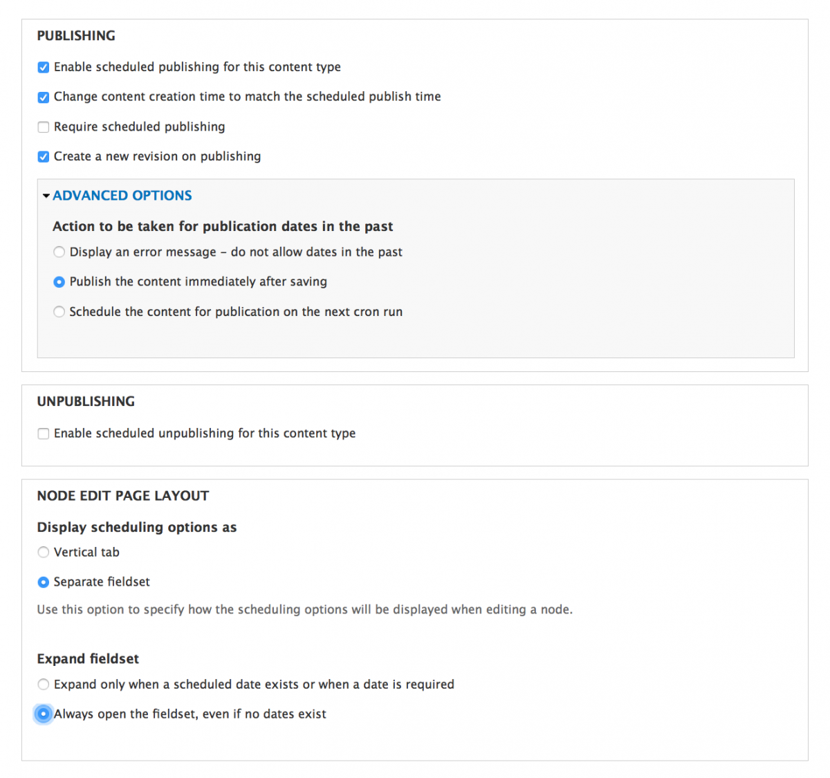 Drupal Scheduler Content Type Settings
